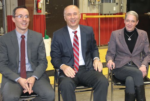 Nicolas Maes (left), vice-president of AREVA NP's installed base business unit; Mike Rencheck, president and chief executive officer of Bruce Power, and Kincardine deputy mayor Jacqueline Faubert, at the signing of a five-year, multi-million-dollar contract between the two companies, Tuesday afternoon